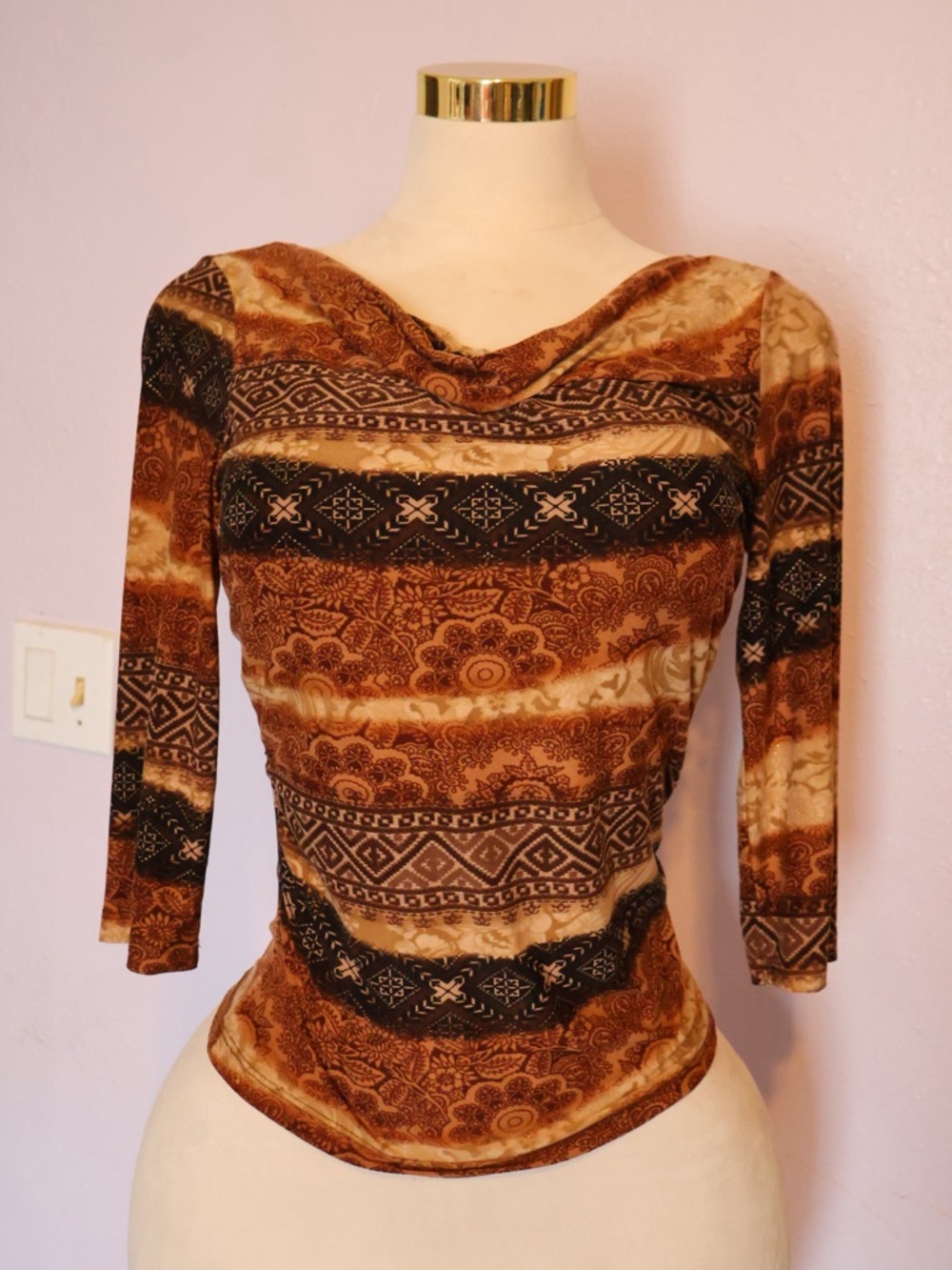 A. Byer Brown & Cream Patterned Cowl-Neck Long Sleeve Top